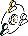 Drei Personen-Icons im Kreis um ein Zahnrad-Symbol.
